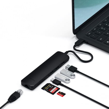 Adaptor Satechi Type-C Slim Multiport (1xHDMI 4K, 2x USB-A, 1x SD, 1x Ethernet), Black, ST-UCSMA3K - imagine 4