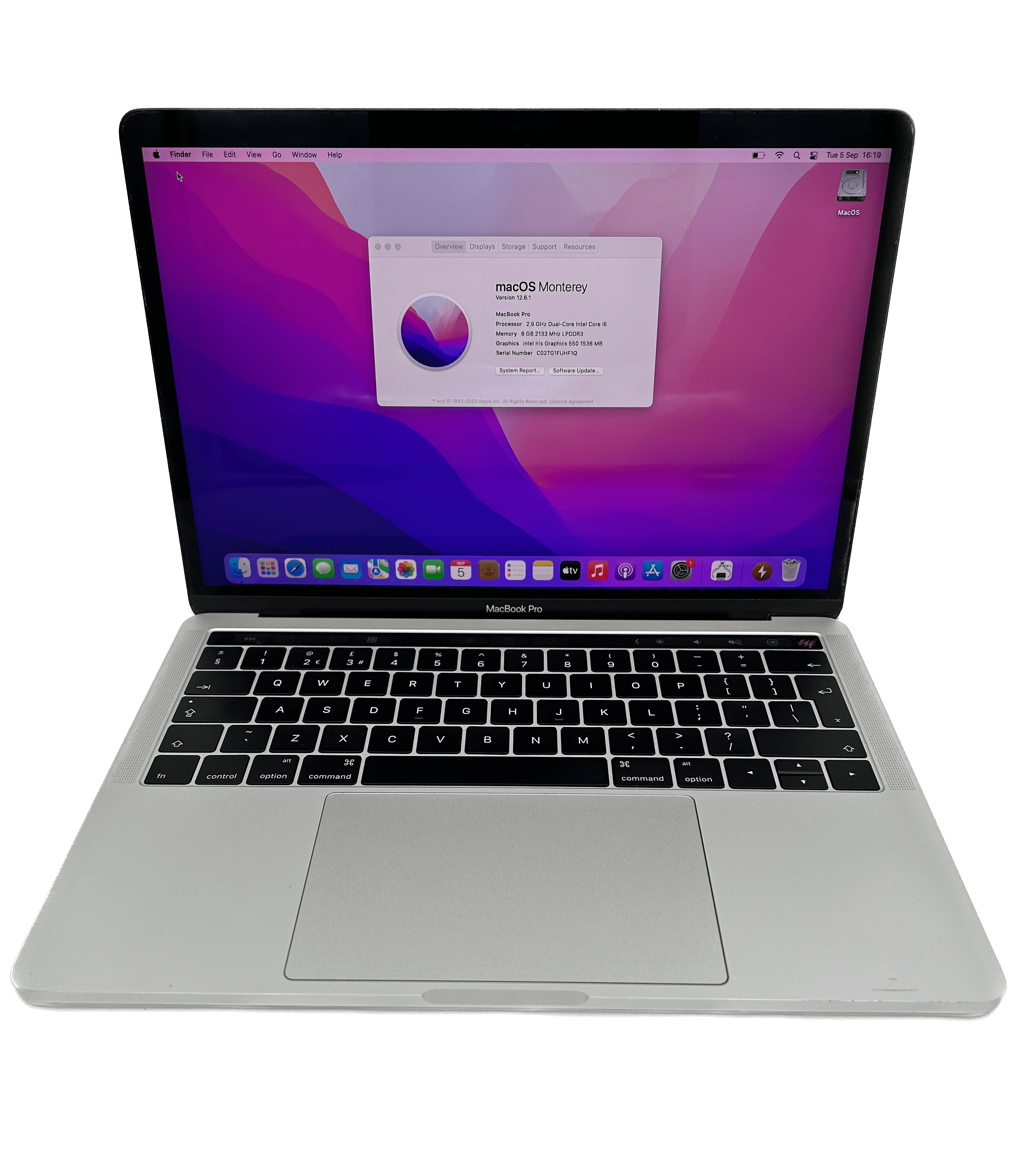 MacBook Pro A1706 13″ Retina (2016) Touchbar, Intel i5-2,9Ghz, 8 GB RAM, 500GB SSD, Silver, Garantie 1 an