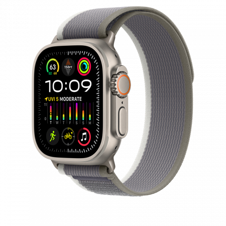 Apple Watch Ultra2 Cellular, 49mm Titanium Case w Green/Grey Trail Loop - M/L, mrf43wb/a - imagine 4