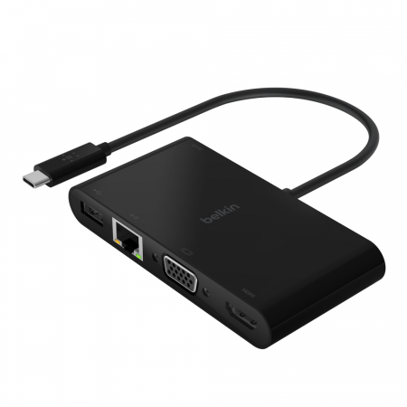 Belkin USB-C Multimedia + Charge Adapter (GBE - HDMI - VGA - USB-A) - Black (100W PD) - Black, AVC004BTBK